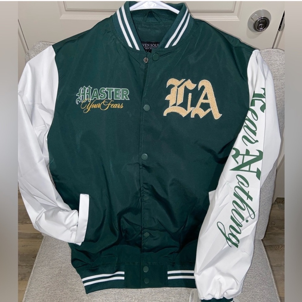 Master Your Fears Green and White Varsity Jacket